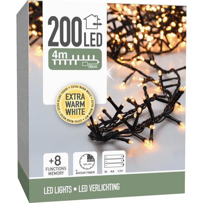 Micro-Cluster-LED-Lichterkette mit Batteriebox - 200 LEDs, 4 m, Extrawarmweiß, Lichtfunktionen, Speicher und Timer