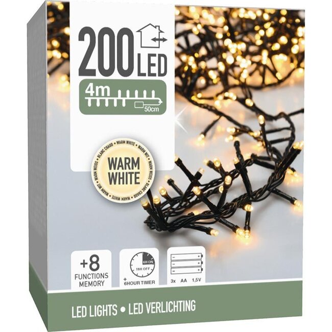 Micro-Cluster-Lichterkette - 200 LEDs - 4 m - Warmweiß - Batterie - Lichtfunktionen, Speicher und Timer