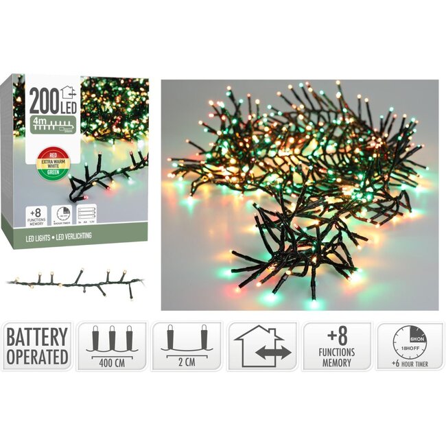Micro Cluster LED String Lights 200 LED - 4m - three tone traditional - Battery - Light functions - Memory - Timer