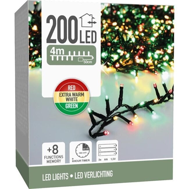 Microcluster-Lichterkette - 200 LEDs - 4 m - Three Tone Traditional - Batteriebetrieben - Lichtfunktionen, Memory-Funktion und Timer