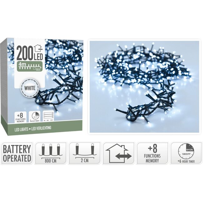 Micro-Cluster-LED-Lichterkette mit Batteriebox - 200 LEDs, 4 m, Weiß, Lichtfunktionen, Speicher und Timer