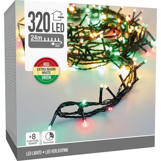 Weihnachtslichterkette - 120 LEDs - 9 m - Traditioneller Dreifarbmix - Timer, Lichtfunktionen und Speicher - Außen