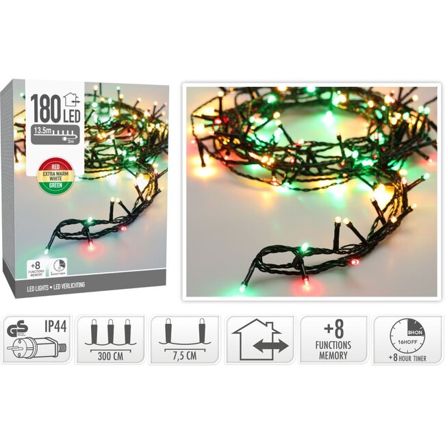 Christmas lights 180 LED - 13.5m - three tone traditional - Timer - Light functions - Memory - Outdoor