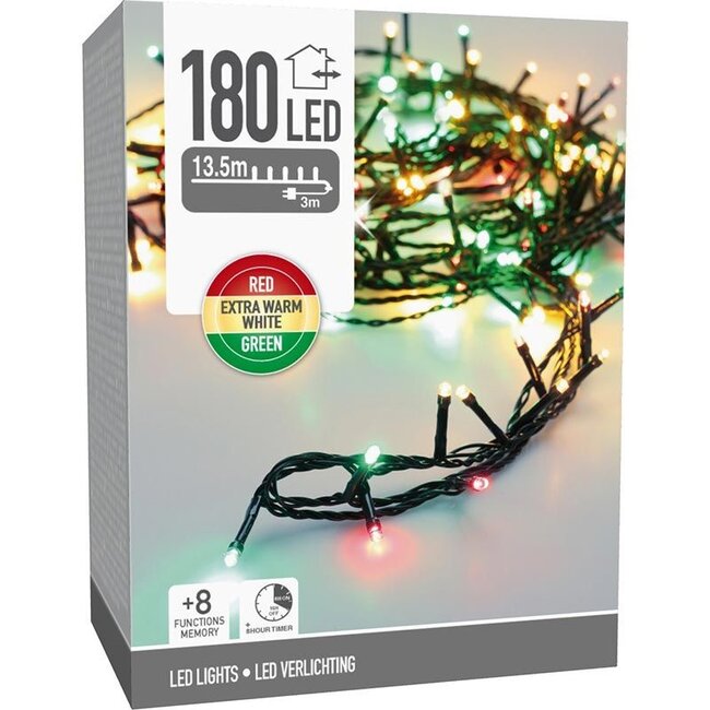 Weihnachts-Lichterkette - 180 LEDs - 13,5 m - Three Tone Traditional - Timer, Lichtfunktionen und Memory-Funktion - Für außen