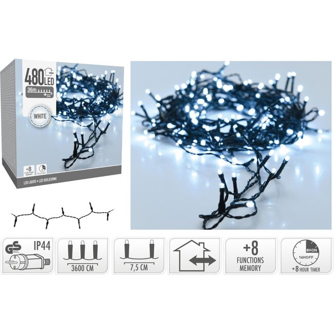 Weihnachtslichterkette - 480 LEDs - 36 m - Weiß - Timer, Lichtfunktionen und Speicher - Außen