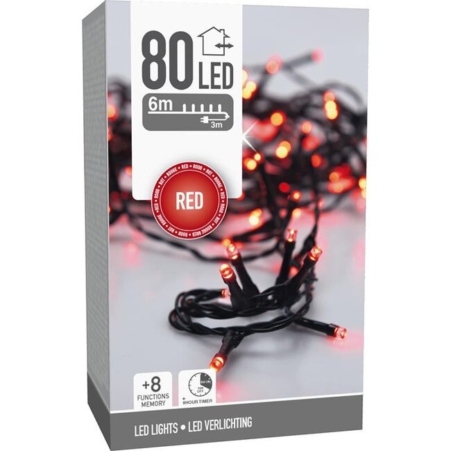 Christmas lights 80 LED - 6m - red - Timer - Light functions - Memory - Outside