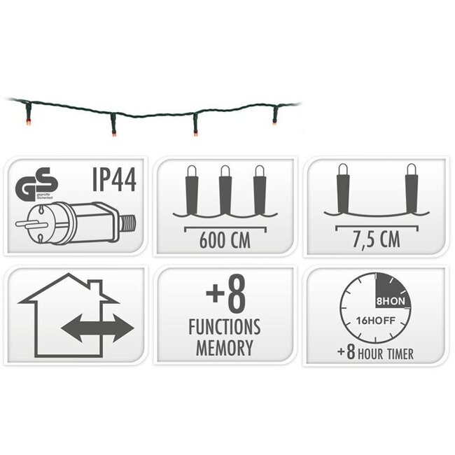 Christmas lights 80 LED - 6m - red - Timer - Light functions - Memory - Outside