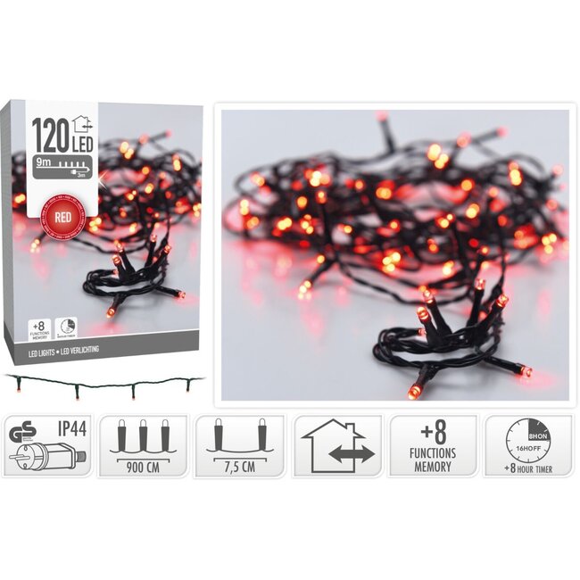 LED-Weihnachtslichterkette für außen - 120 LEDs, 9 m, Rot, Timer, Lichtfunktionen und Speicher