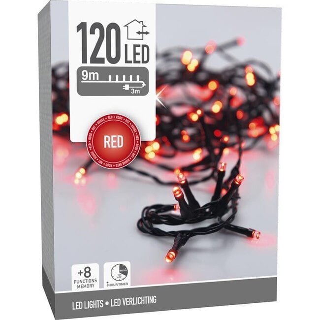 Christmas lights 120 LED - 9m - red - Timer - Light functions - Memory - Outside