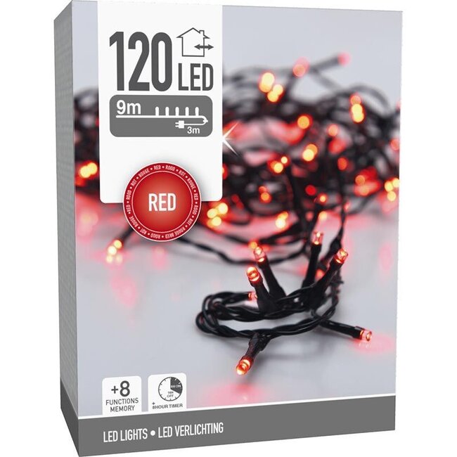 LED-Weihnachtslichterkette für außen - 120 LEDs, 9 m, Rot, Timer, Lichtfunktionen und Speicher