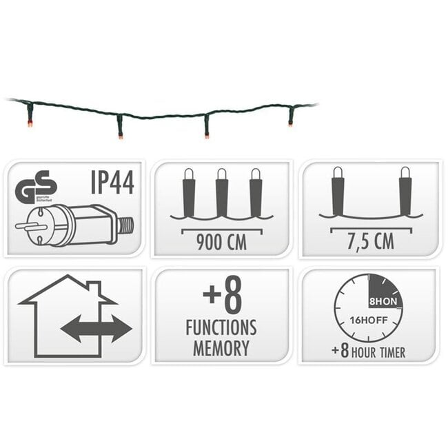 Christmas lights 120 LED - 9m - red - Timer - Light functions - Memory - Outside