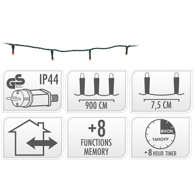 LED-Weihnachtslichterkette für außen - 120 LEDs, 9 m, Rot, Timer, Lichtfunktionen und Speicher