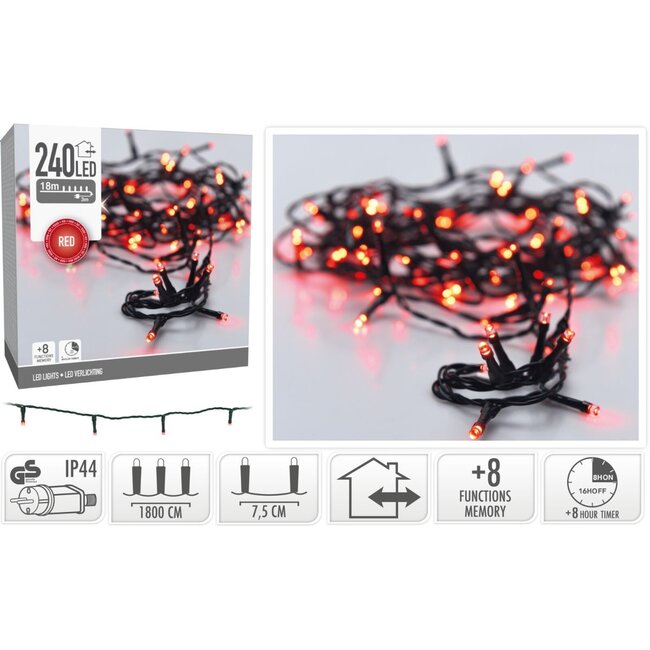 Weihnachtslichterkette - 240 LEDs - 18 m - Rot - Timer, Lichtfunktionen und Speicher - Außen