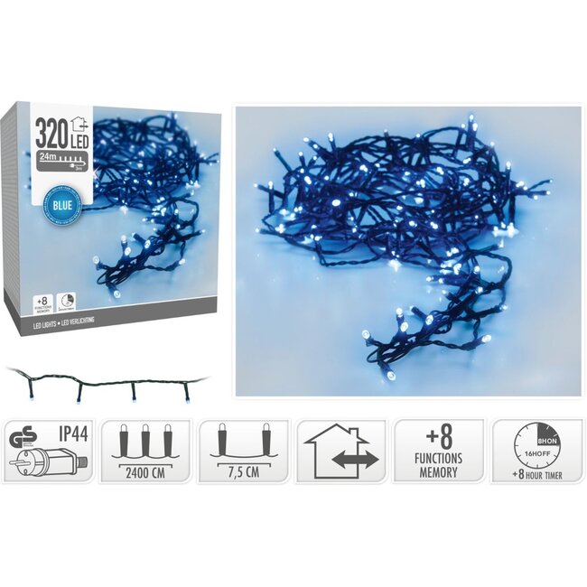 Christmas lights 320 LED - 24m - blue - Timer - Light functions - Memory - Outside