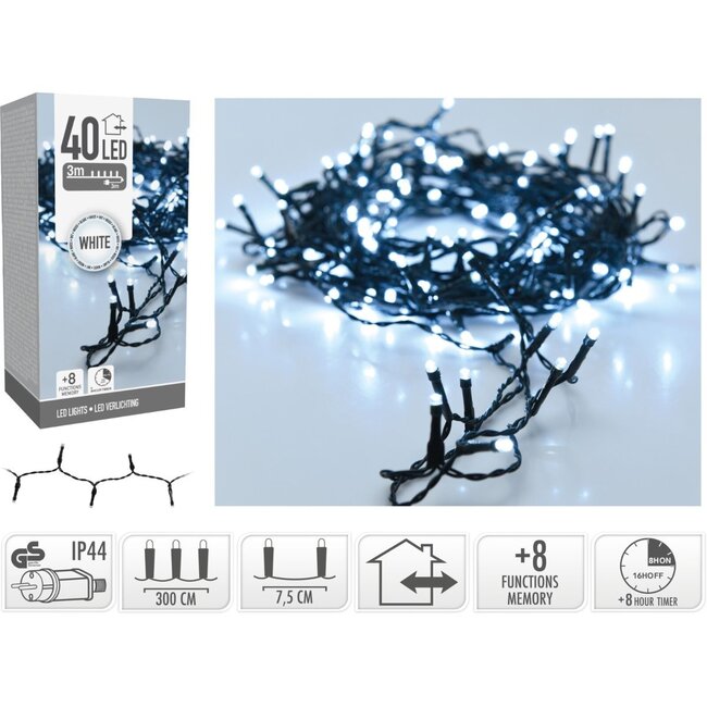 Weihnachtslichterkette - 40 LEDs - 3 m - Weiß - Timer, Lichtfunktionen und Speicher - Außen