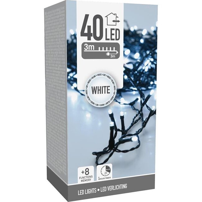 Christmas lights 40 LED - 3m - white - Timer - Light functions - Memory - Outdoor