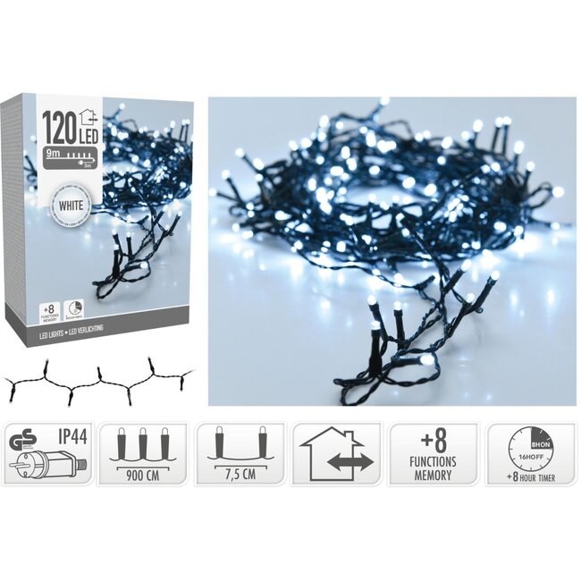 Christmas lights 120 LED - 9m - white - Timer - Light functions - Memory - Outdoor