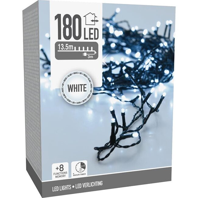 Weihnachts-Lichterkette - 180 LEDs - 13,5 m - Weiß - Timer, Lichtfunktionen und Memory-Funktion - Für außen