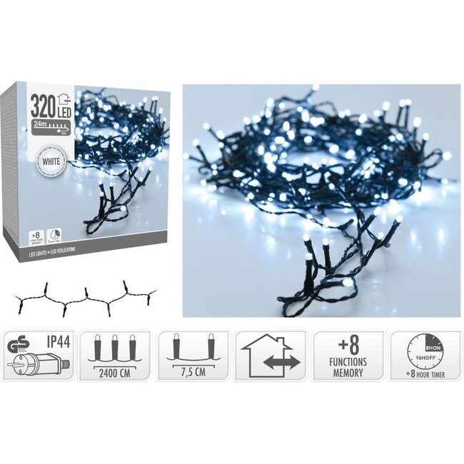 LED-Weihnachtslichterkette für außen - 320 LEDs, 24 m, Weiß, Timer, Lichtfunktionen und Speicher