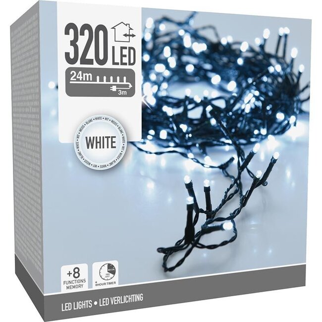 LED-Weihnachtslichterkette für außen - 320 LEDs, 24 m, Weiß, Timer, Lichtfunktionen und Speicher