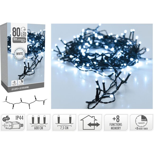 LED-Weihnachtslichterkette für außen - 80 LEDs, 6 m, Weiß, Timer, Lichtfunktionen und Speicher