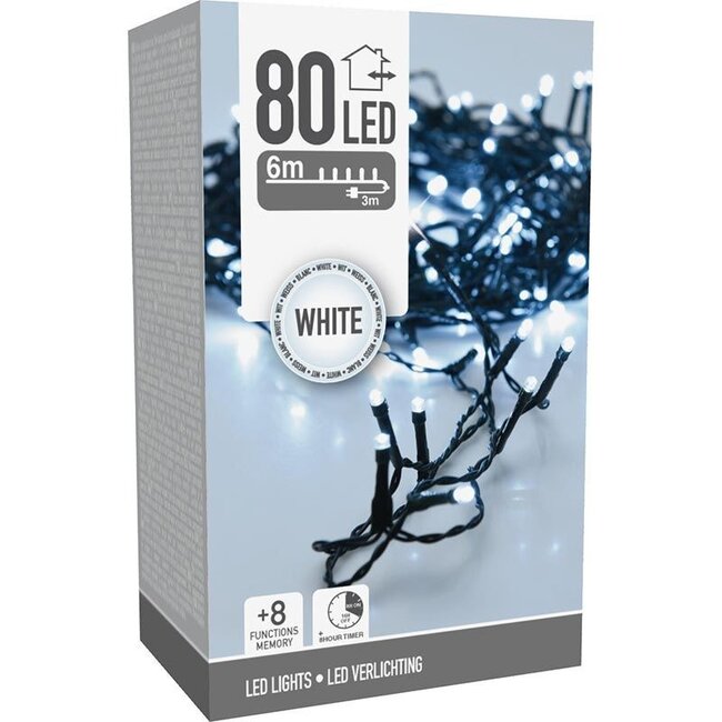 Christmas lights 80 LED - 6m - white - Timer - Light functions - Memory - Outdoor