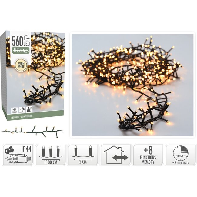 Micro-Cluster-LED-Lichterkette für außen - 560 LEDs, 11 m, Warmweiß, Timer, Lichtfunktionen und Speicher