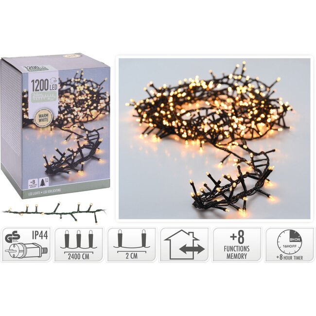 Micro-Cluster-LED-Lichterkette für außen - 1200 LEDs, 24 m, Warmweiß, Timer, Lichtfunktionen und Speicher