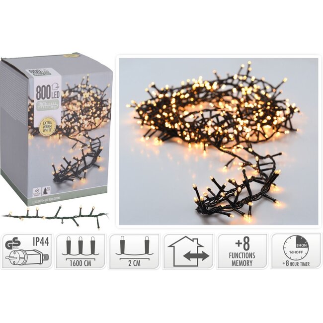Microcluster-Lichterkette - 800 LEDs - 16 m - Extra warmweiß - Timer, Lichtfunktionen und Memory-Funktion - Für außen