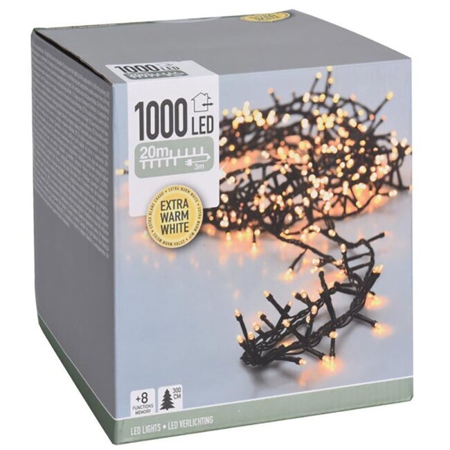 Micro-Cluster-LED-Lichterkette für außen - 1000 LEDs, 20 m, Extrawarmweiß, Timer, Lichtfunktionen und Speicher