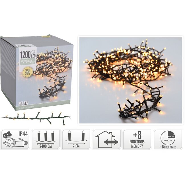 Micro-Cluster-Lichterkette - 1.200 LEDs - 24 m - Extrawarmweiß - Timer, Lichtfunktionen und Speicher - Außen