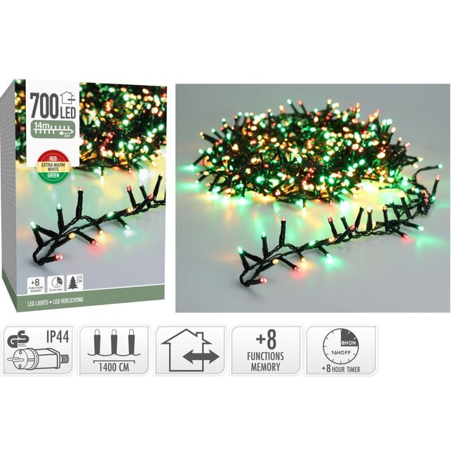Micro-Cluster-LED-Lichterkette für außen - 700 LEDs, 14 m, Three Tone Traditional, Timer, Lichtfunktionen und Speicher