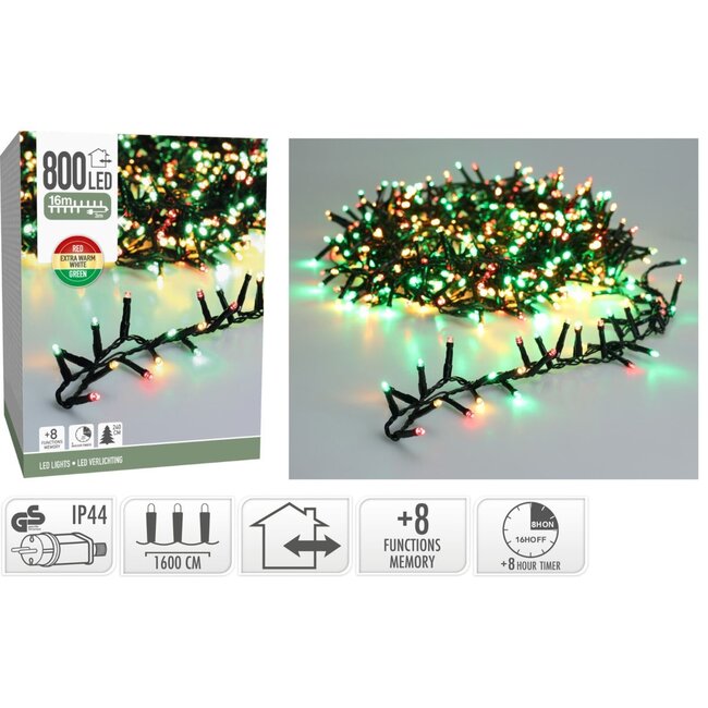 Micro-Cluster-Lichterkette - 800 LEDs - 16 m - Traditioneller Dreifarbmix - Timer, Lichtfunktionen und Speicher - Außen