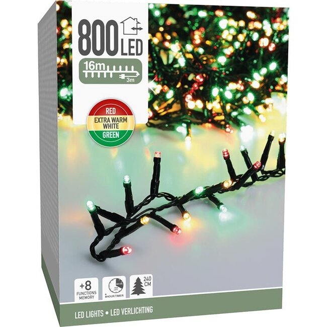 Micro-Cluster-Lichterkette - 800 LEDs - 16 m - Traditioneller Dreifarbmix - Timer, Lichtfunktionen und Speicher - Außen
