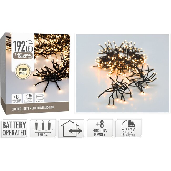 Cluster-LED-Lichterkette mit Batteriebox - 192 LEDs, 1,4 m, Warmweiß, Lichtfunktionen, Speicher und Timer