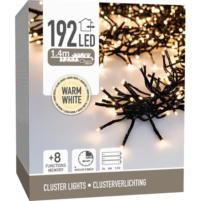 Cluster-LED-Lichterkette mit Batteriebox - 192 LEDs, 1,4 m, Warmweiß, Lichtfunktionen, Speicher und Timer
