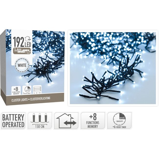 Cluster-Lichterkette - 192 LEDs - 1,4 m - Weiß - Batteriebetrieben - Lichtfunktionen, Memory-Funktion und Timer
