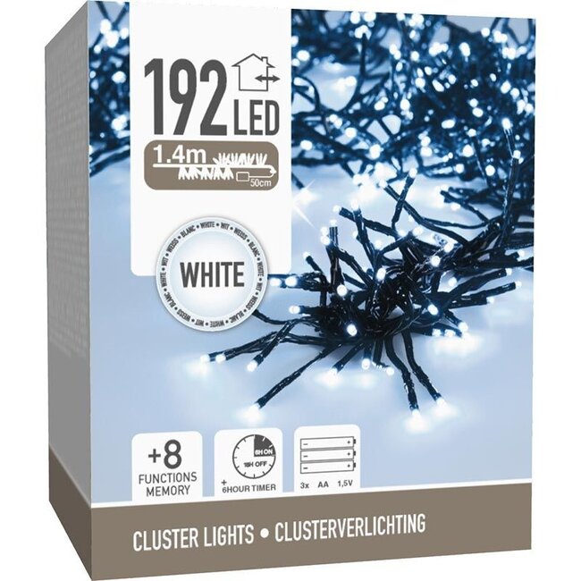 Cluster-Lichterkette - 192 LEDs - 1,4 m - Weiß - Batteriebetrieben - Lichtfunktionen, Memory-Funktion und Timer