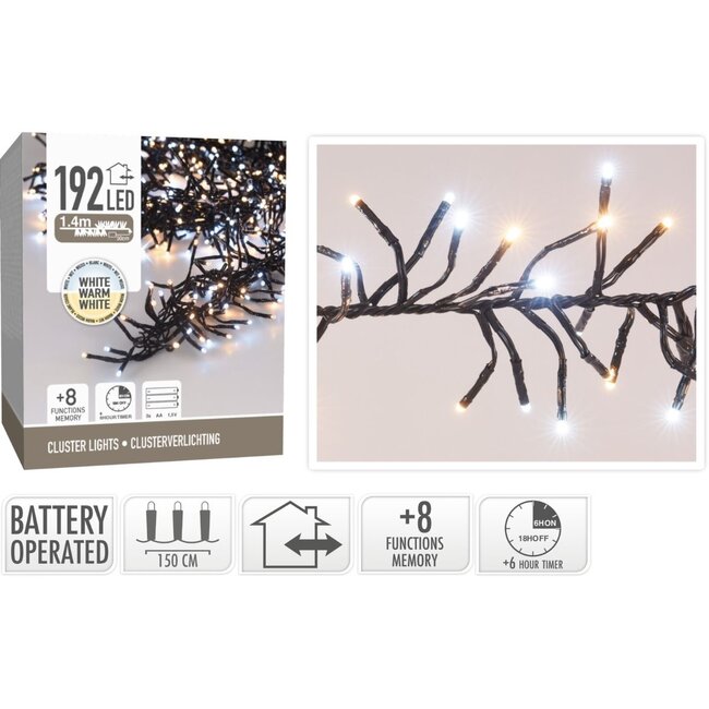 Cluster-Lichterkette - 192 LEDs - 1,4 m - Lieblicher Zweifarbmix - Batterie - Lichtfunktionen, Speicher und Timer