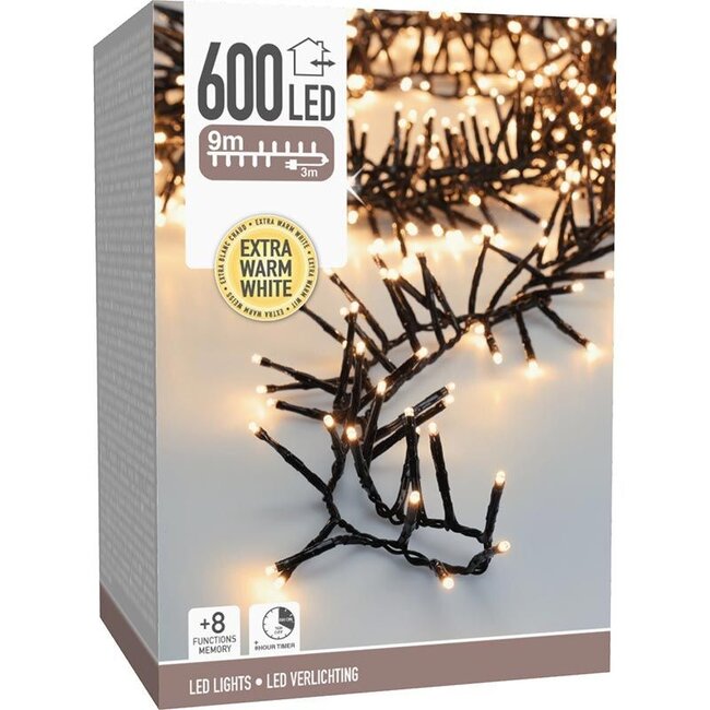 Maxi-Cluster-LED-Weihnachtslichterkette für außen - 600 LEDs, 9 m, Extrawarmweiß, Timer, Lichtfunktionen und Speicher
