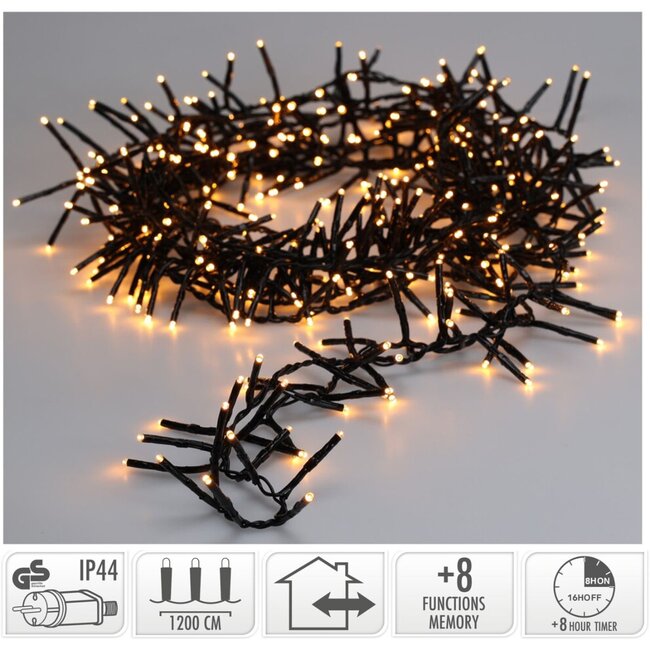 Maxi-Cluster-Weihnachtslichterkette - 800 LEDs - 12 m - Extrawarmweiß - Timer, Lichtfunktionen und Speicher - Außen