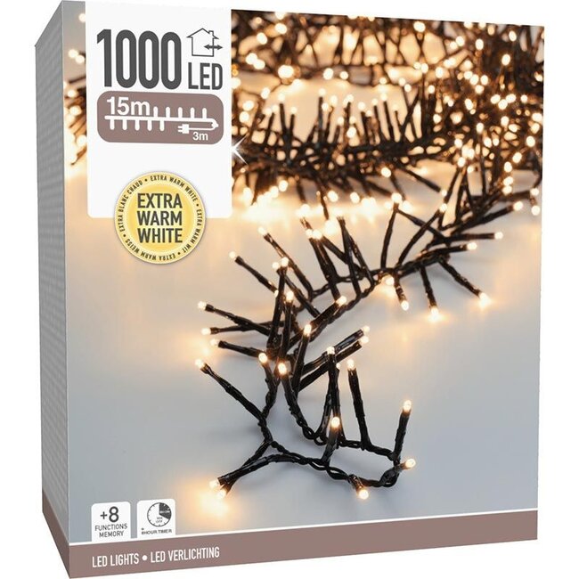 Maxi-Cluster-Weihnachtslichterkette - 1000 LEDs - 15 m - Extra warmweiß - Timer, Lichtfunktionen und Memory-Funktion - Für außen