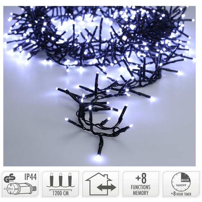Maxi-Cluster-Weihnachtslichterkette - 800 LEDs - 12 m - Weiß - Timer, Lichtfunktionen und Memory-Funktion - Für außen