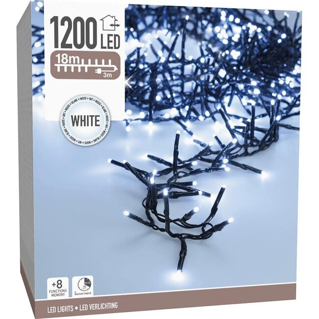 Maxi-Cluster-LED-Weihnachtslichterkette für außen - 1200 LEDs, 18 m, Weiß, Timer, Lichtfunktionen und Speicher