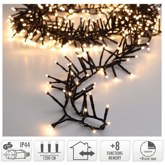 Maxi-Cluster-Weihnachtslichterkette - 800 LEDs - 12 m - Warmweiß - Timer, Lichtfunktionen und Memory-Funktion - Für außen