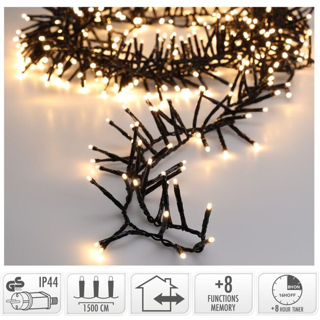 Maxi-Cluster-LED-Weihnachtslichterkette für außen - 1000 LEDs, 15 m, Warmweiß, Timer, Lichtfunktionen und Speicher