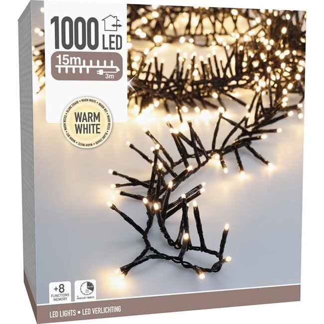 Maxi-Cluster-LED-Weihnachtslichterkette für außen - 1000 LEDs, 15 m, Warmweiß, Timer, Lichtfunktionen und Speicher