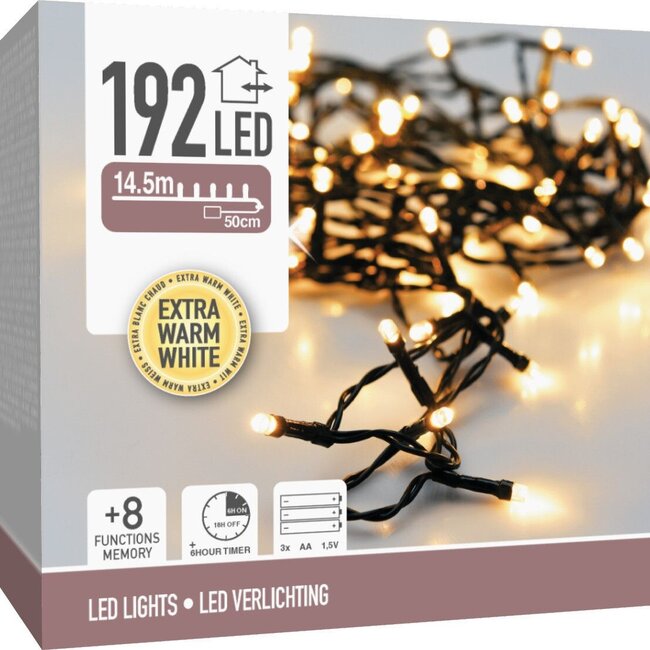 Christmas lights 192 LED - 14.5m - extra warm white - Battery - Light functions - Memory - Timer