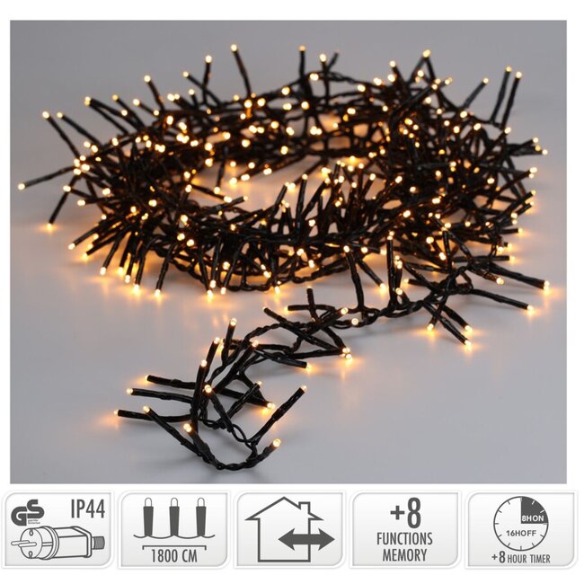 Maxi-Cluster-Weihnachtslichterkette - 1.200 LEDs - 18 m - Extrawarmweiß - Timer, Lichtfunktionen und Speicher - Außen
