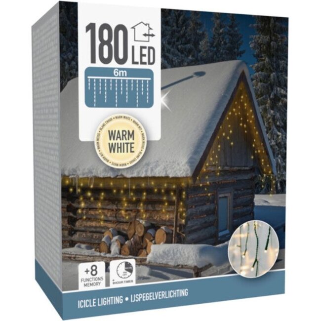 Icicle lighting - 6 meters - 180 LED - Timer - Light functions - Memory - warm white